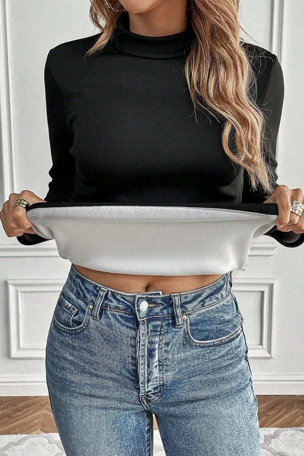 Thermal Lined Mock Neck Long Sleeve Blouse - Trendsi - Flyclothing LLC