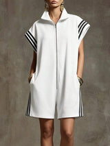 Striped Zip Front Short Sleeve Romper - Trendsi - Flyclothing LLC