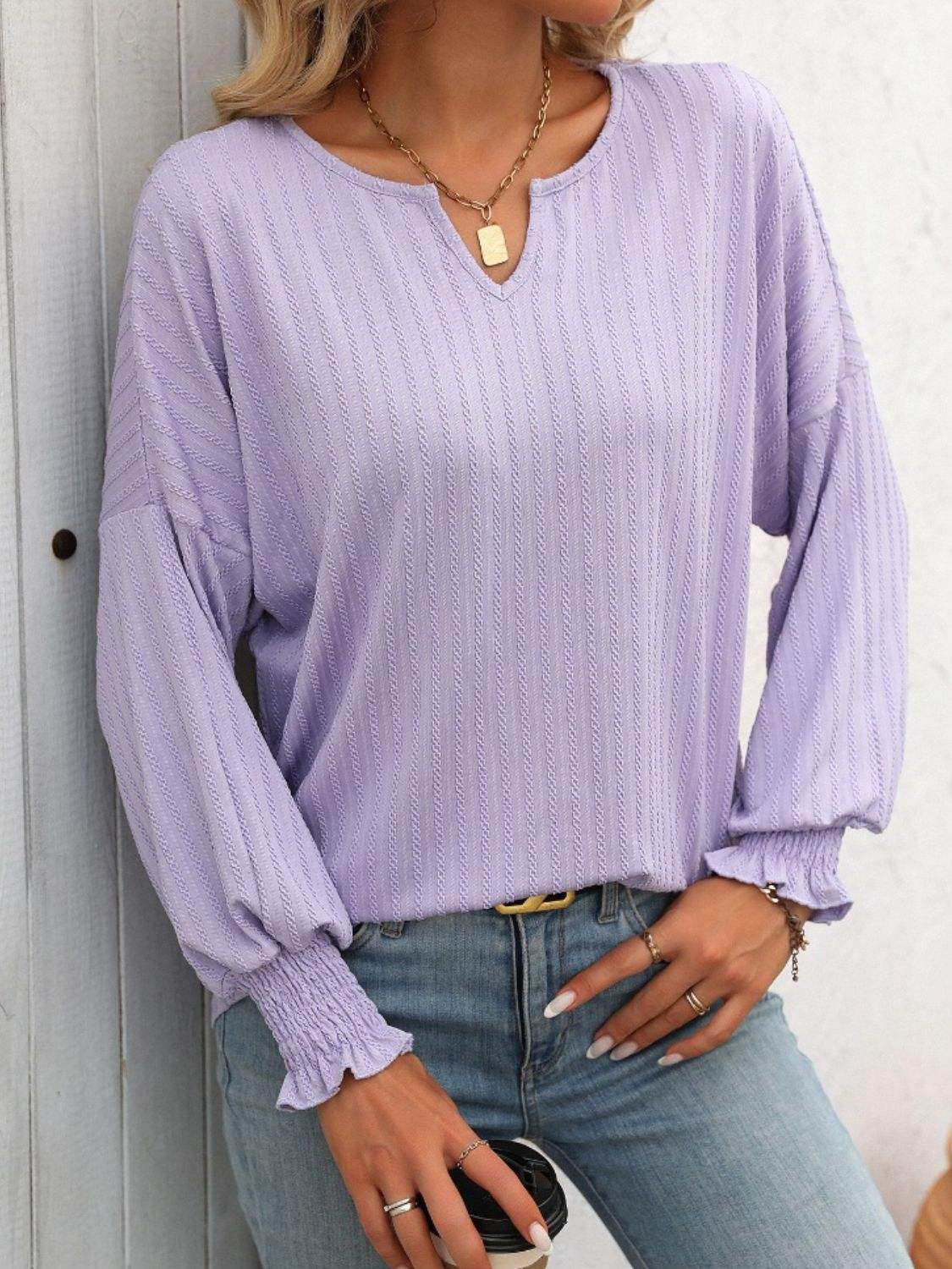 Textured Notched Lantern Sleeve T-Shirt - Trendsi - Flyclothing LLC