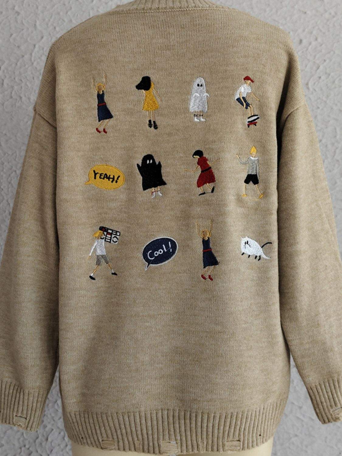 Embroidered Round Neck Dropped Shoulder Sweater - Trendsi - Flyclothing LLC