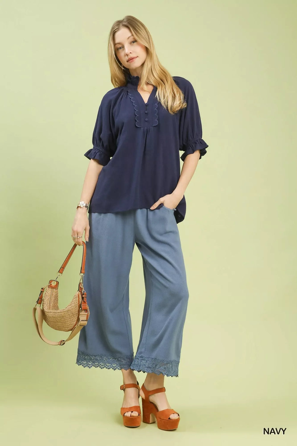 Umgee Linen Scalloped Ruffle Neck Blouse - Trendsi - Flyclothing LLC