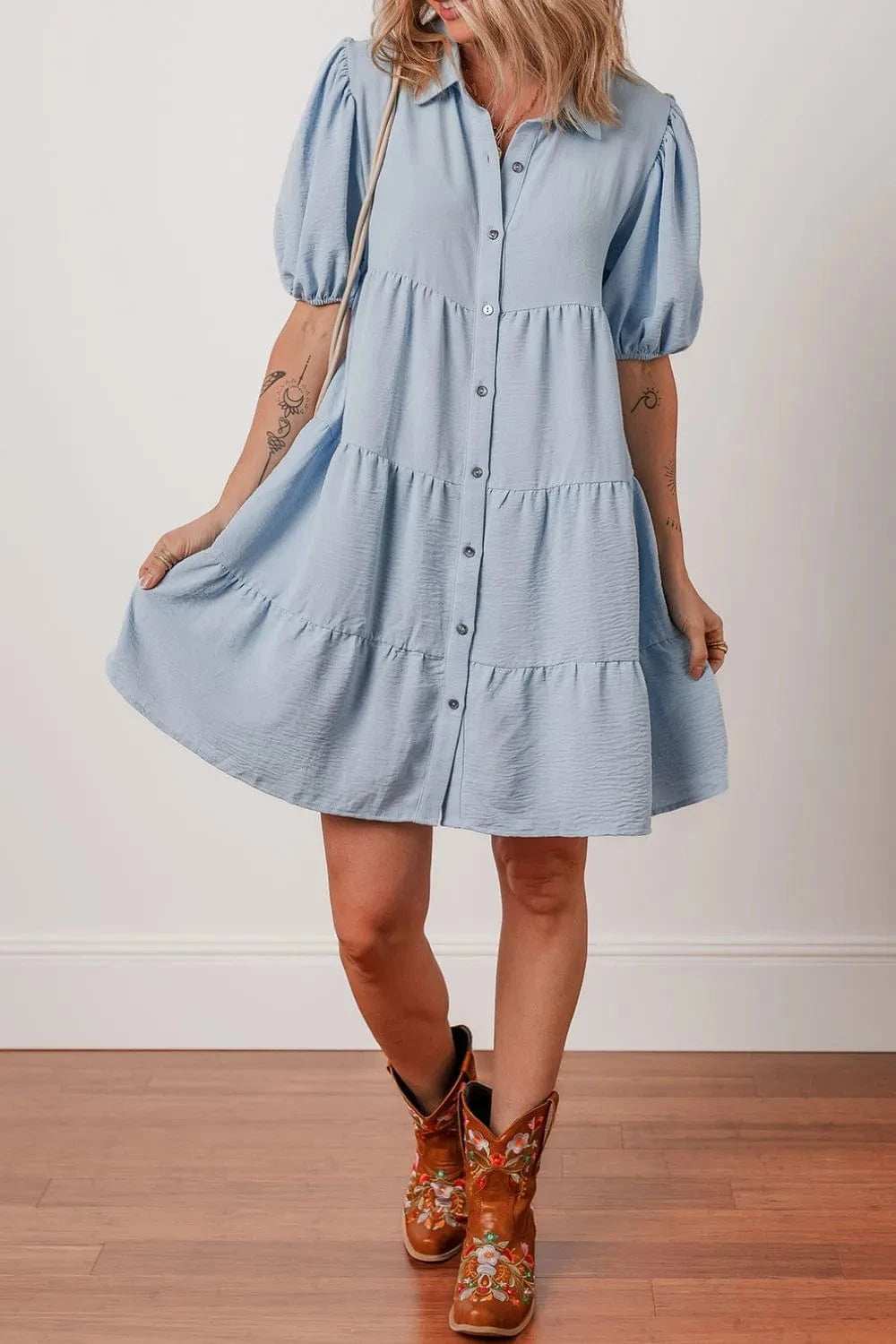 Button Up Puff Sleeve Tiered Shirt Dress - Trendsi - Flyclothing LLC