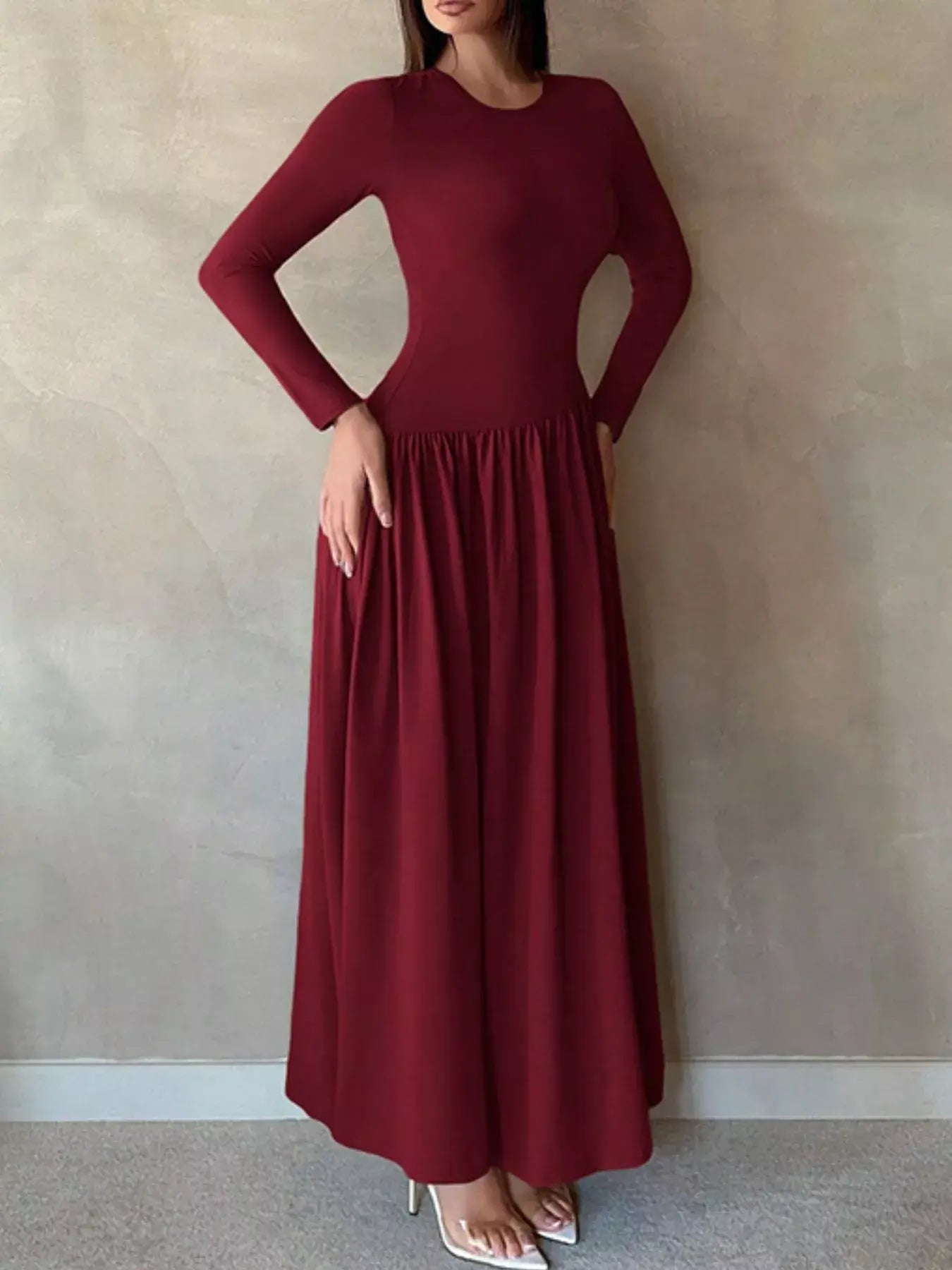 Long Sleeve Ruched A-Line Maxi Dress - Trendsi - Flyclothing LLC