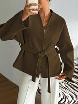 Surplice Dropped Shoulder Tie Belt Outerwear - Trendsi - Flyclothing LLC