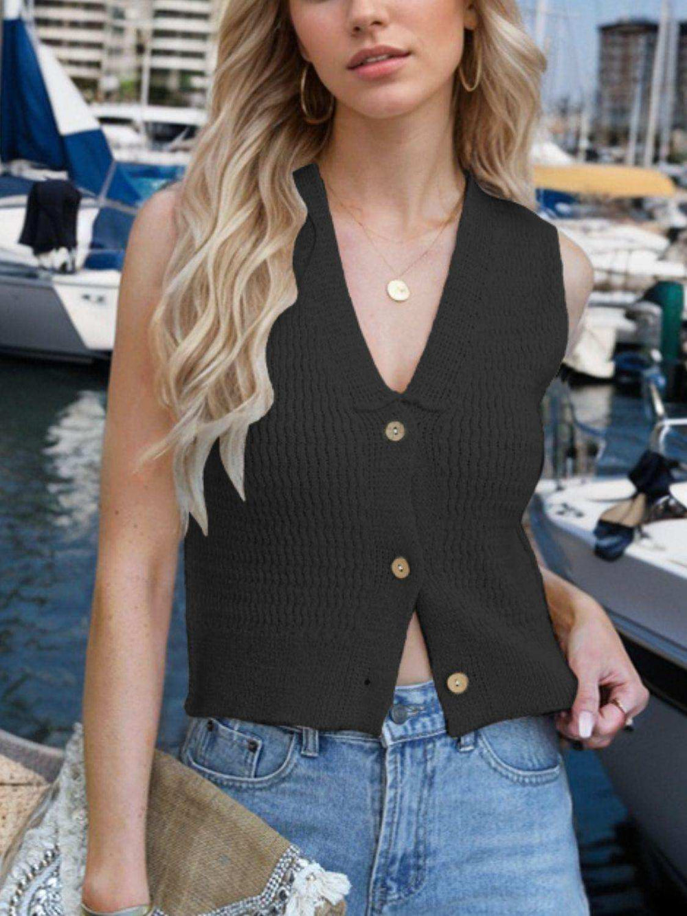 Button Down V-Neck Sweater Vest - Trendsi - Flyclothing LLC