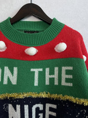 Pom-Pom Contrast Round Neck Long Sleeve Sweater - Trendsi