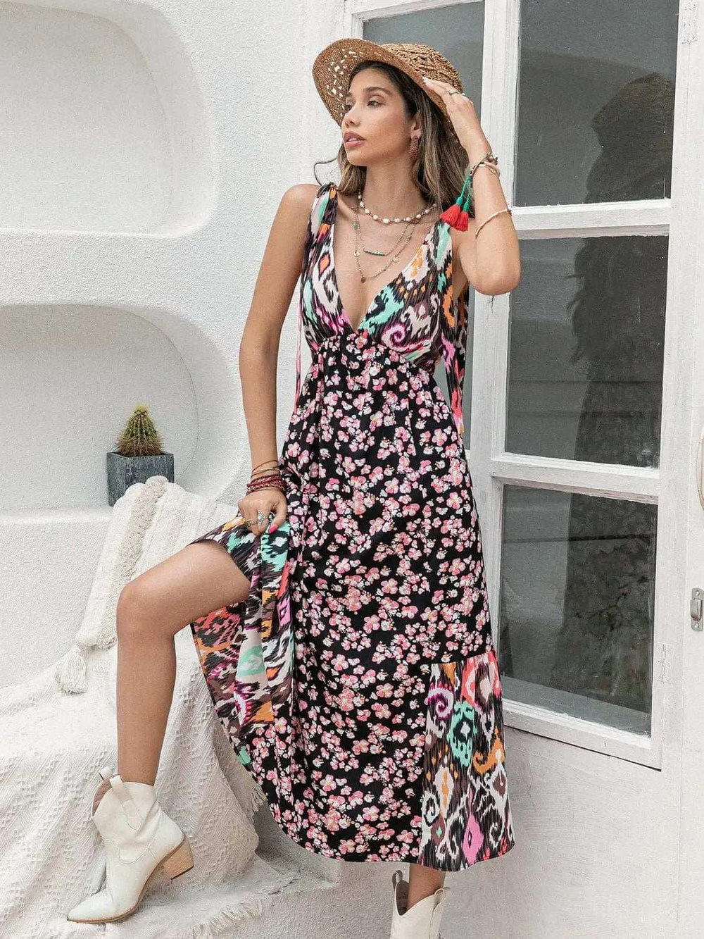 Printed Plunge Sleeveless Midi Dress - Trendsi - Flyclothing LLC