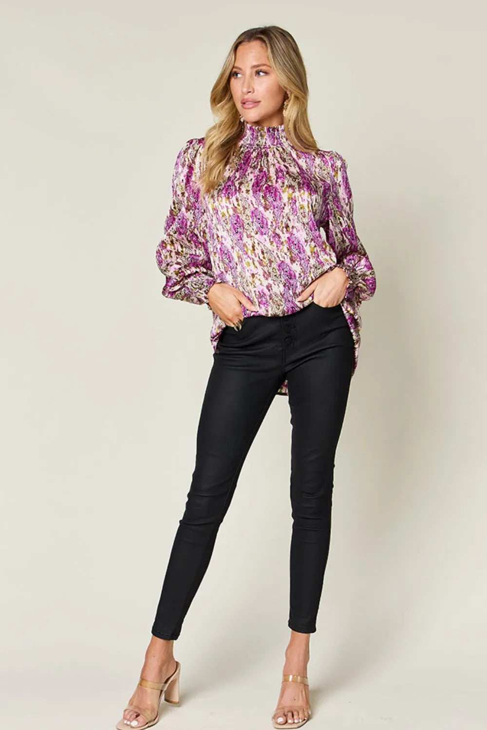Double Take Full Size Printed Smocked Long Sleeve Blouse - Trendsi - Flyclothing LLC