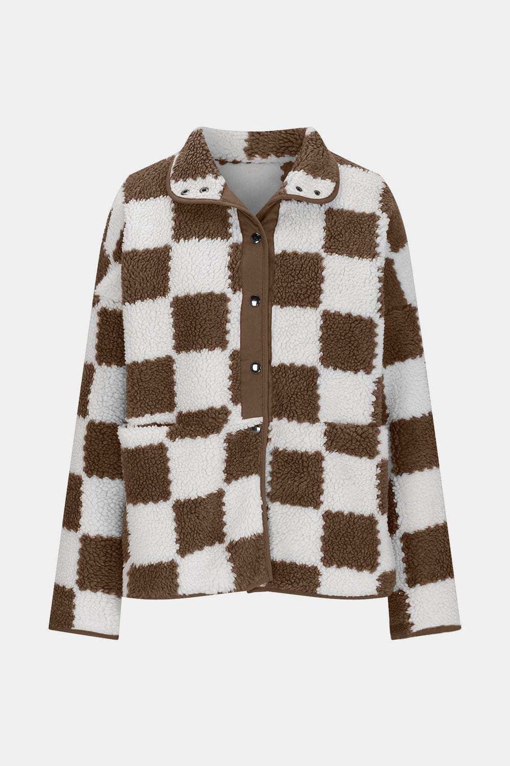 Checkered Snap Down Long Sleeve Teddy Jacket - Trendsi - Flyclothing LLC