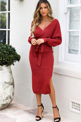 Surplice Neck Bow Waist Slit Sweater Dress - Trendsi - Flyclothing LLC