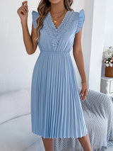 Lace Detail Ruffled Cap Sleeve Pleated Dress - Trendsi - Flyclothing LLC