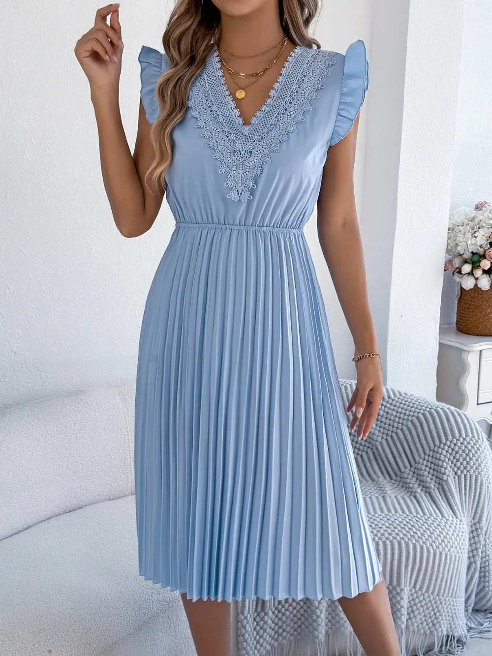 Lace Detail Ruffled Cap Sleeve Pleated Dress - Trendsi - Flyclothing LLC