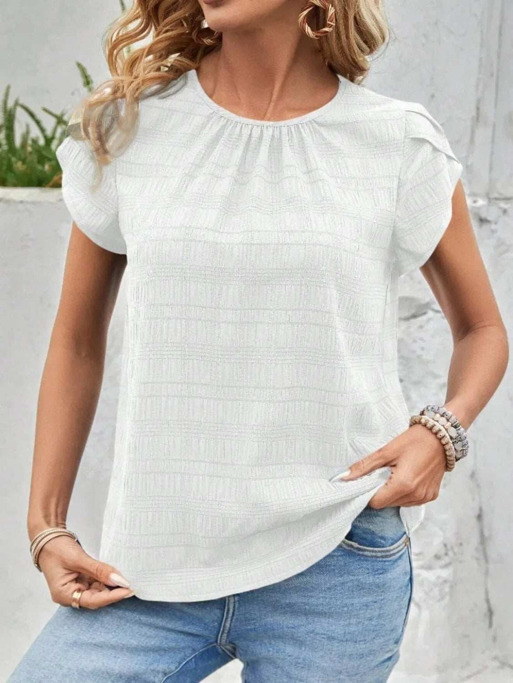 Round Neck Petal Sleeve Top - Trendsi - Flyclothing LLC