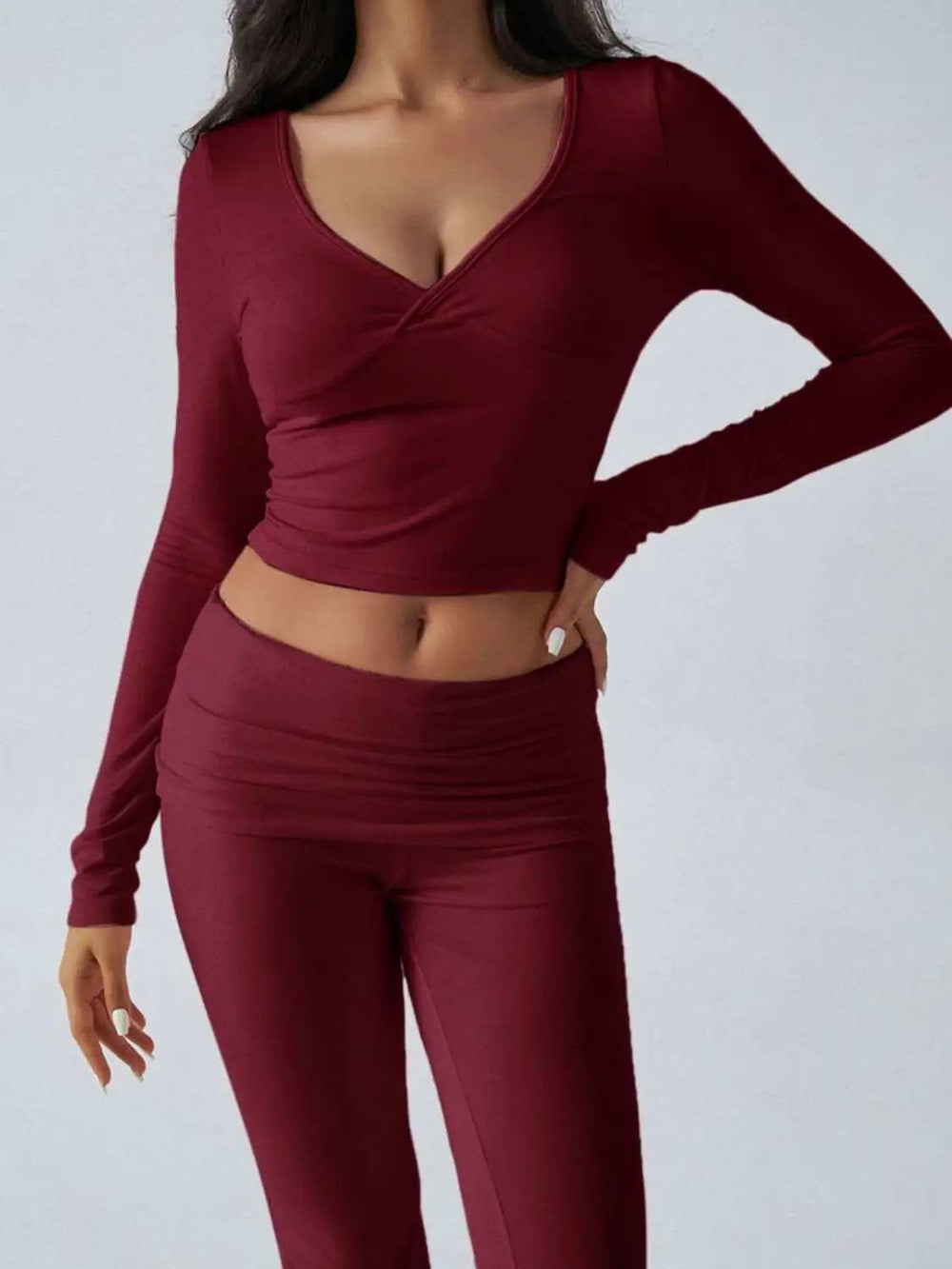 Devine Ruched Long Sleeve Top and Pants Set - Trendsi - Flyclothing LLC