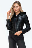 Snobbish Faux Leather Zip Up Drawstring Hooded Jacket - Trendsi - Flyclothing LLC