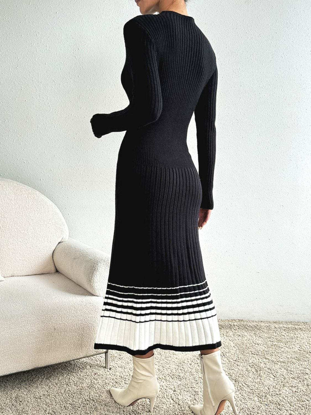 Contrast Mock Neck Long Sleeve Sweater Dress - Trendsi - Flyclothing LLC