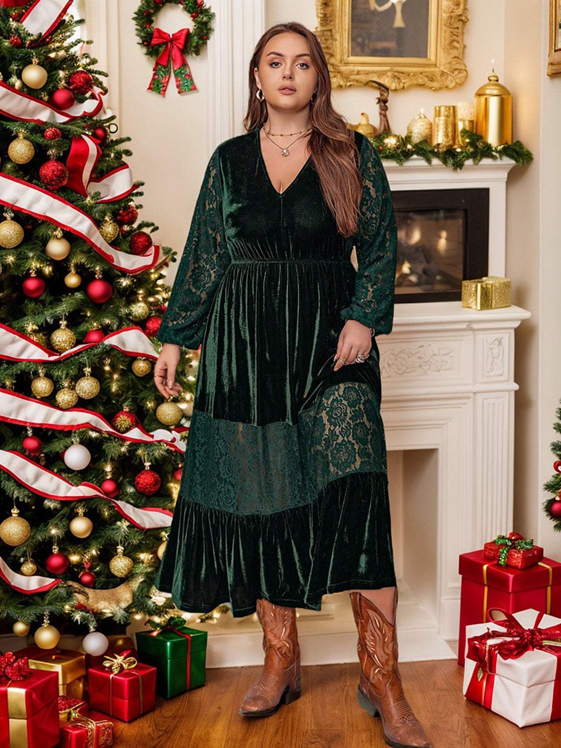 Plus Size Lace Patchwork V-Neck Balloon Sleeve Midi Dress - Trendsi - Flyclothing LLC