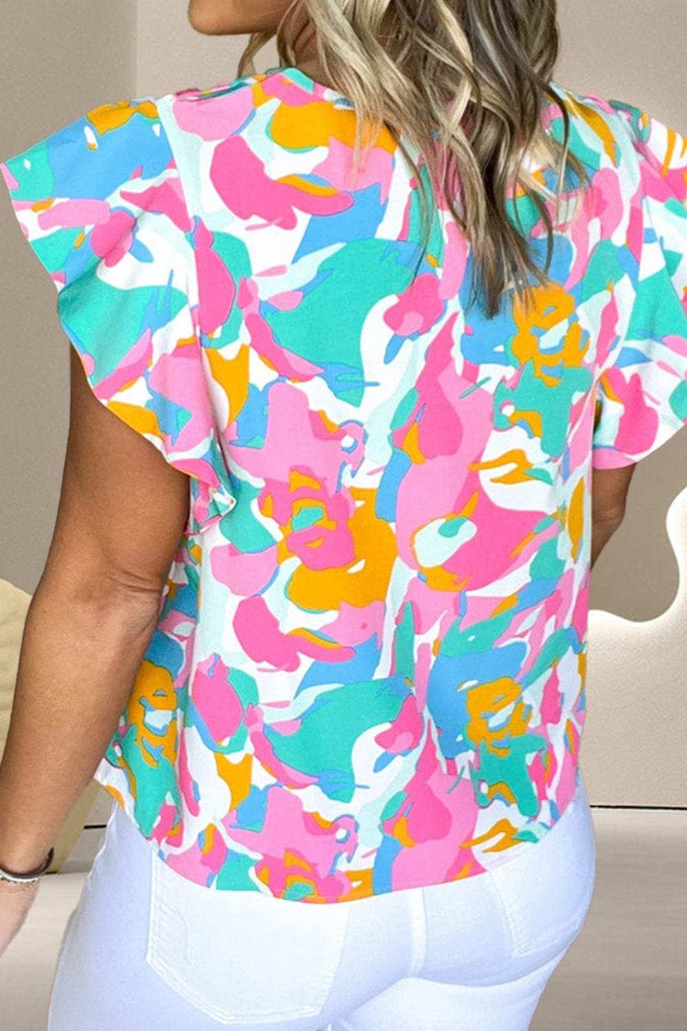 Ruffled Printed Notched Cap Sleeve Blouse - Trendsi - Flyclothing LLC