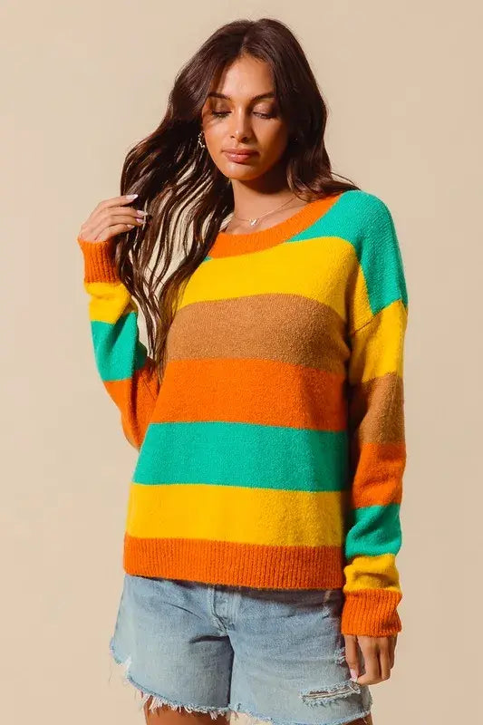 SO ME Multi Color Stripe Sweater with Ribbed Detail - Trendsi - Flyclothing LLC