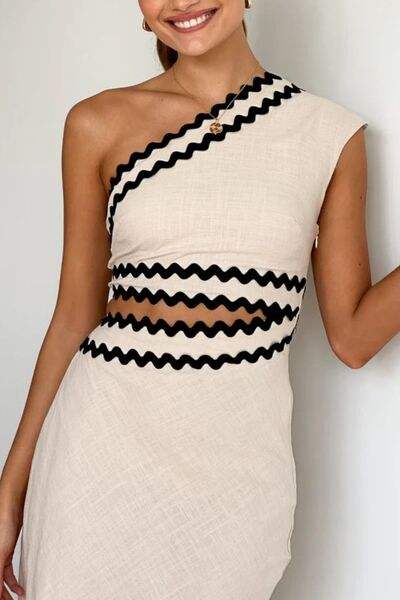 Cutout Contrast Trim Single Shoulder Dress - Trendsi - Flyclothing LLC