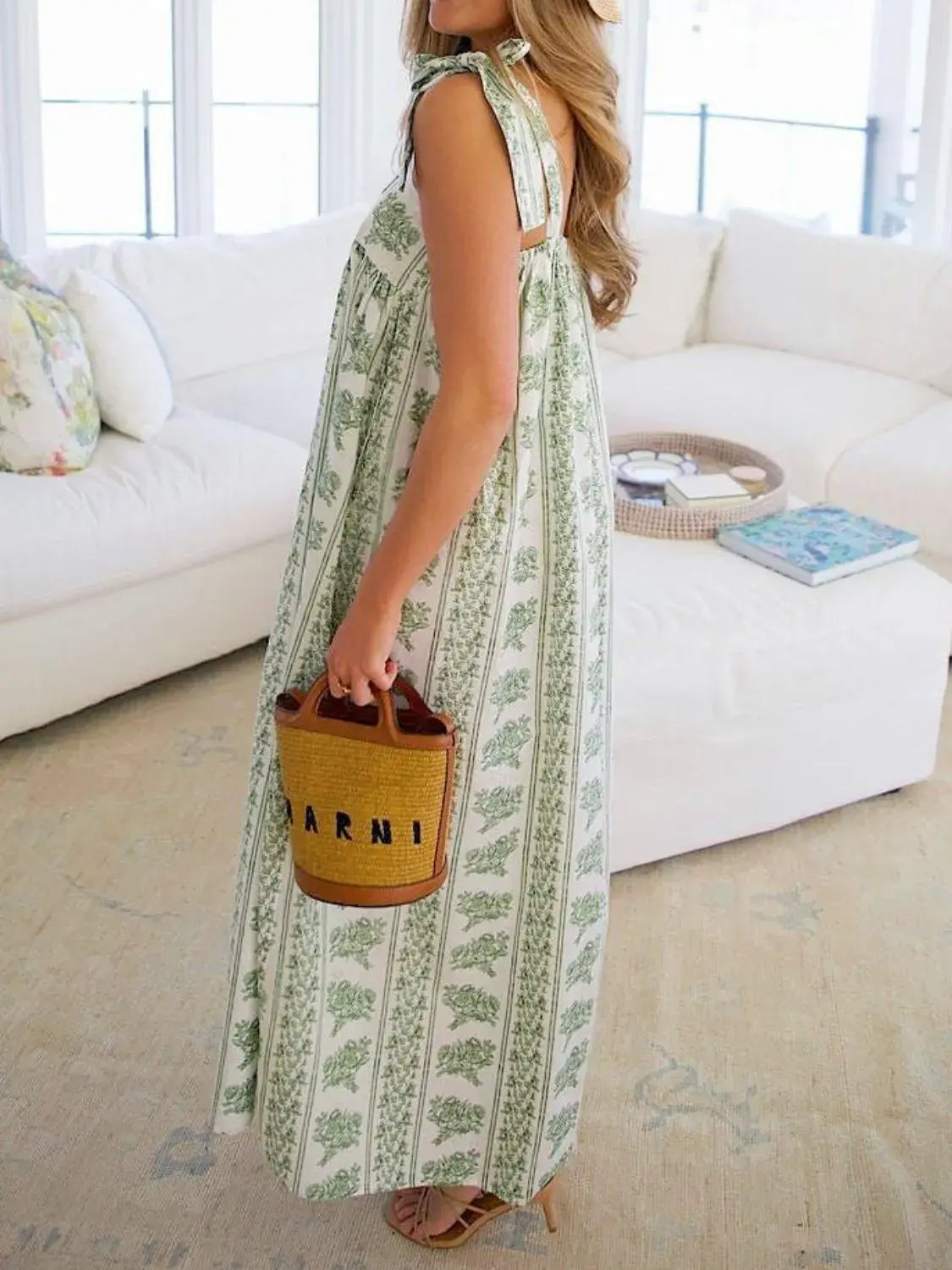 Printed Tie Shoulder Square Neck Midi Dress - Trendsi - Flyclothing LLC