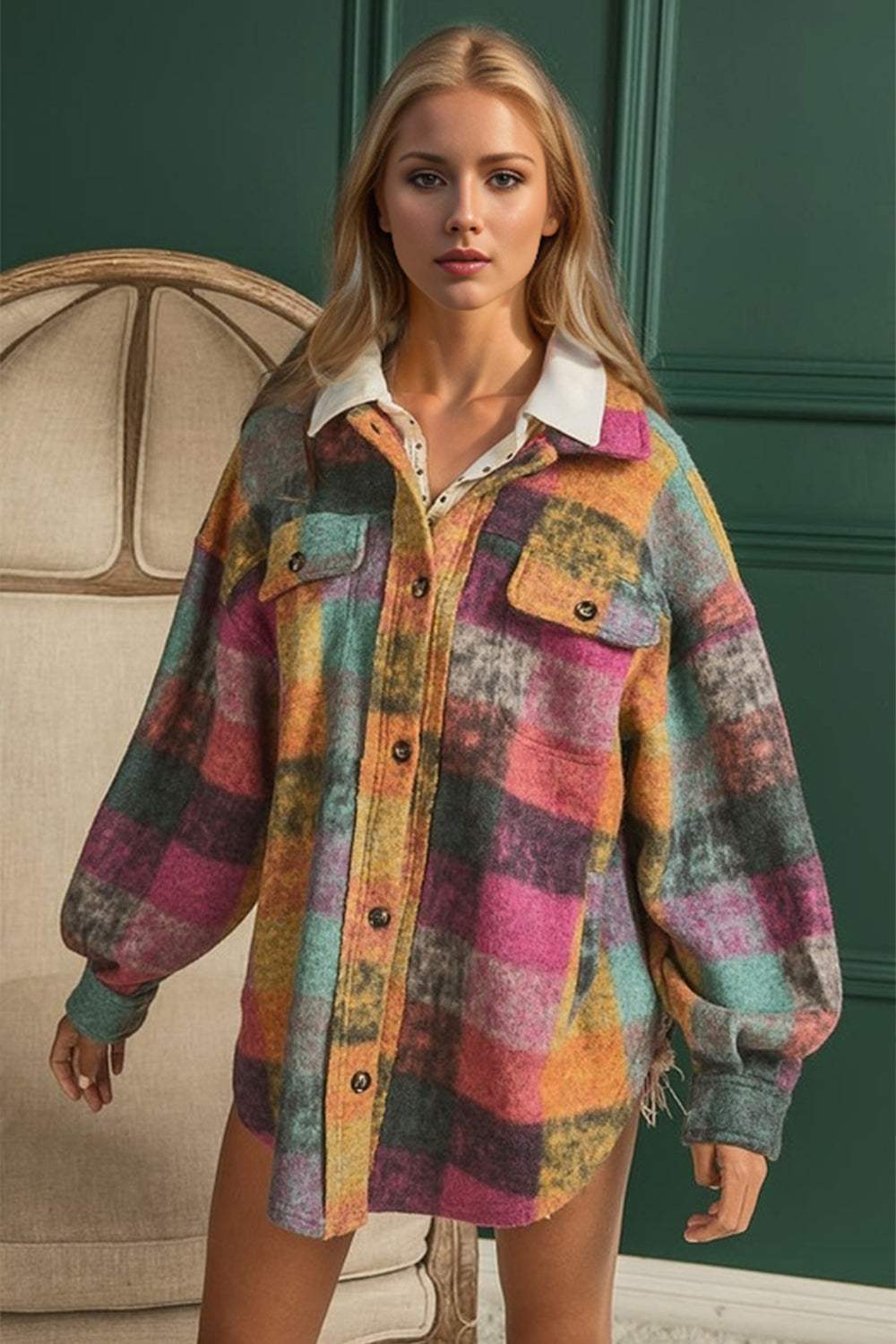 Double Take Full Size Button Up Plaid Shacket with Pockets - Trendsi - Flyclothing LLC