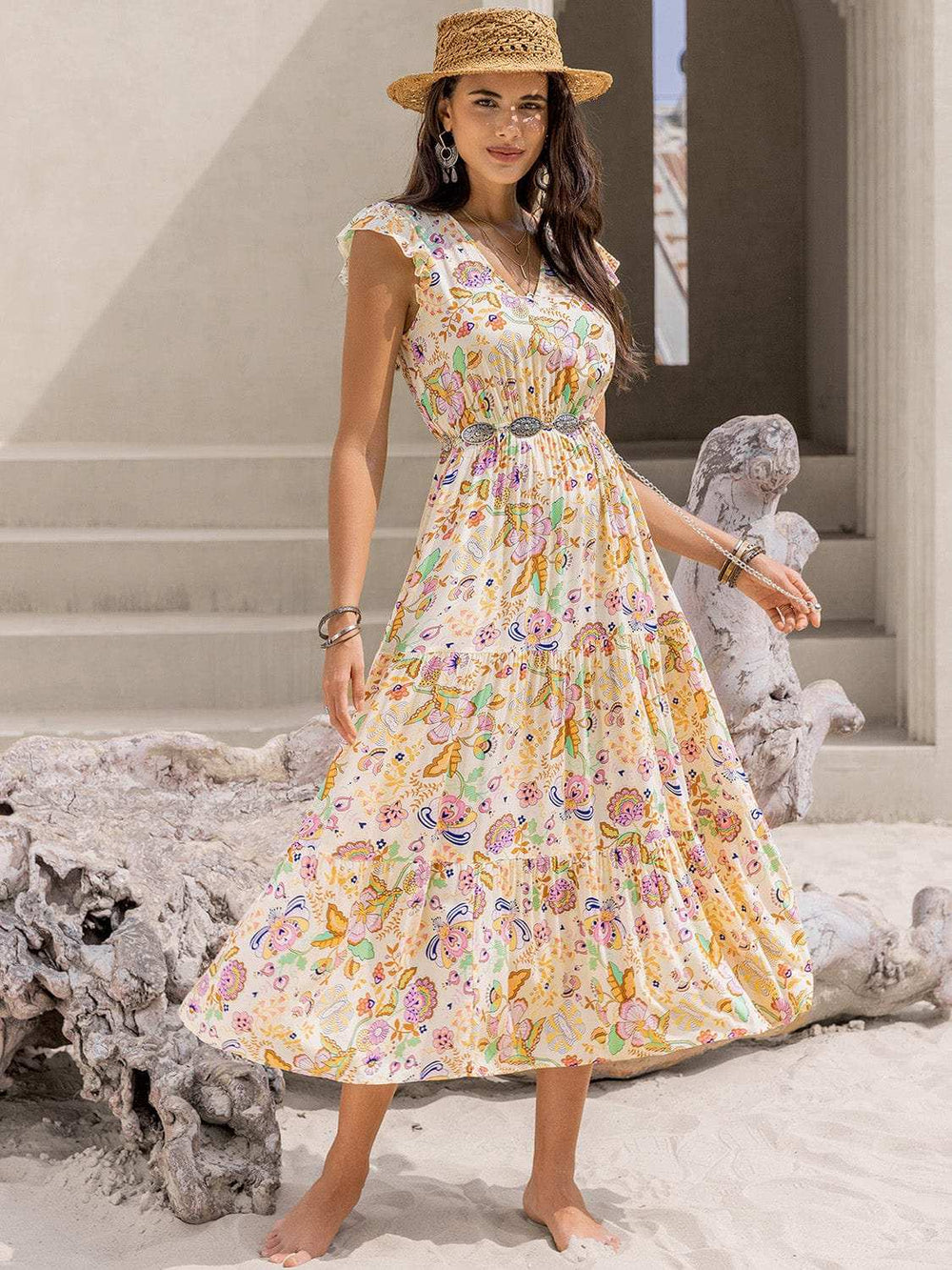 Ruched Printed Cap Sleeve Midi Dress - Trendsi - Flyclothing LLC