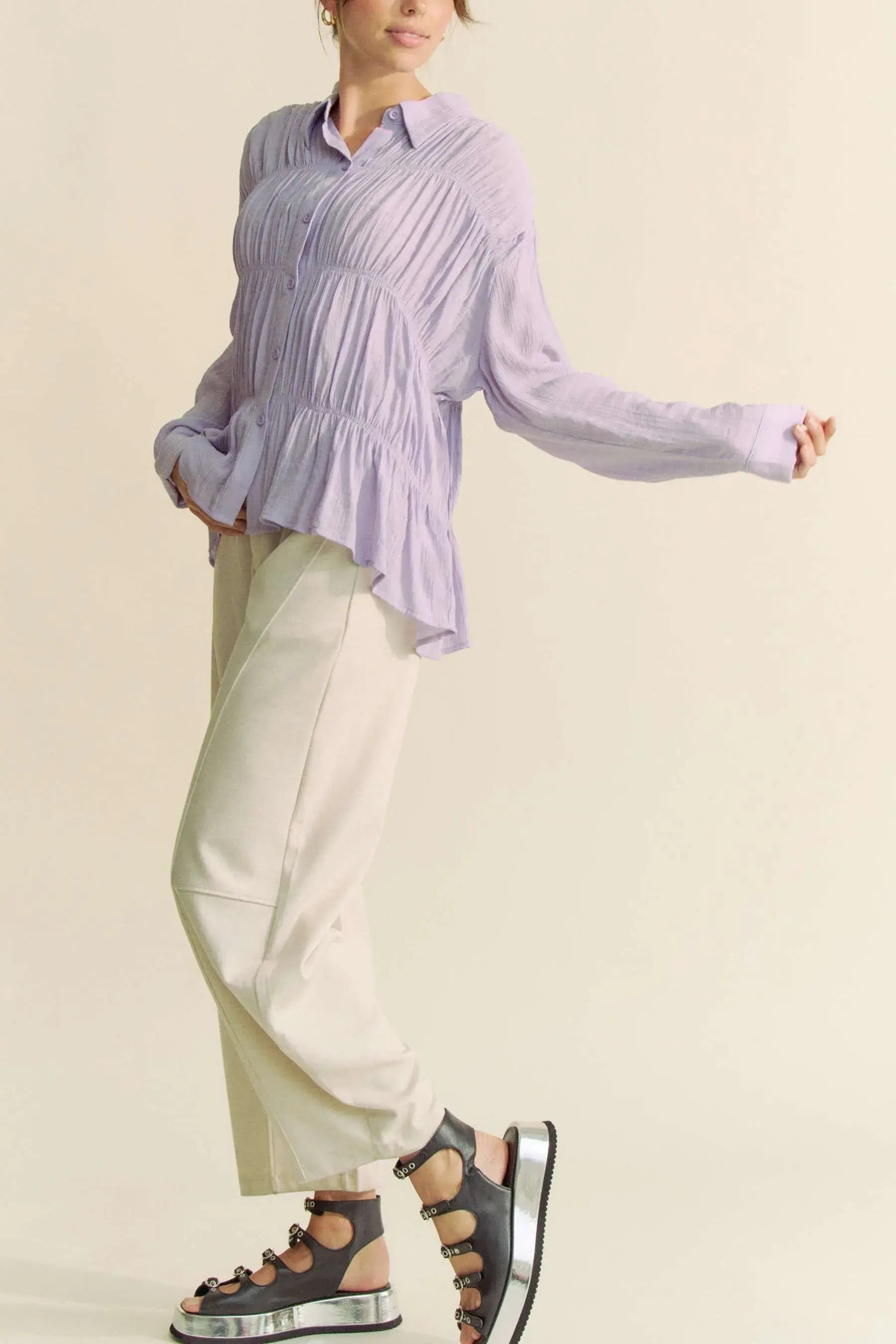 Davi & Dani Ruched All Over Button Front Shirt - Trendsi - Flyclothing LLC