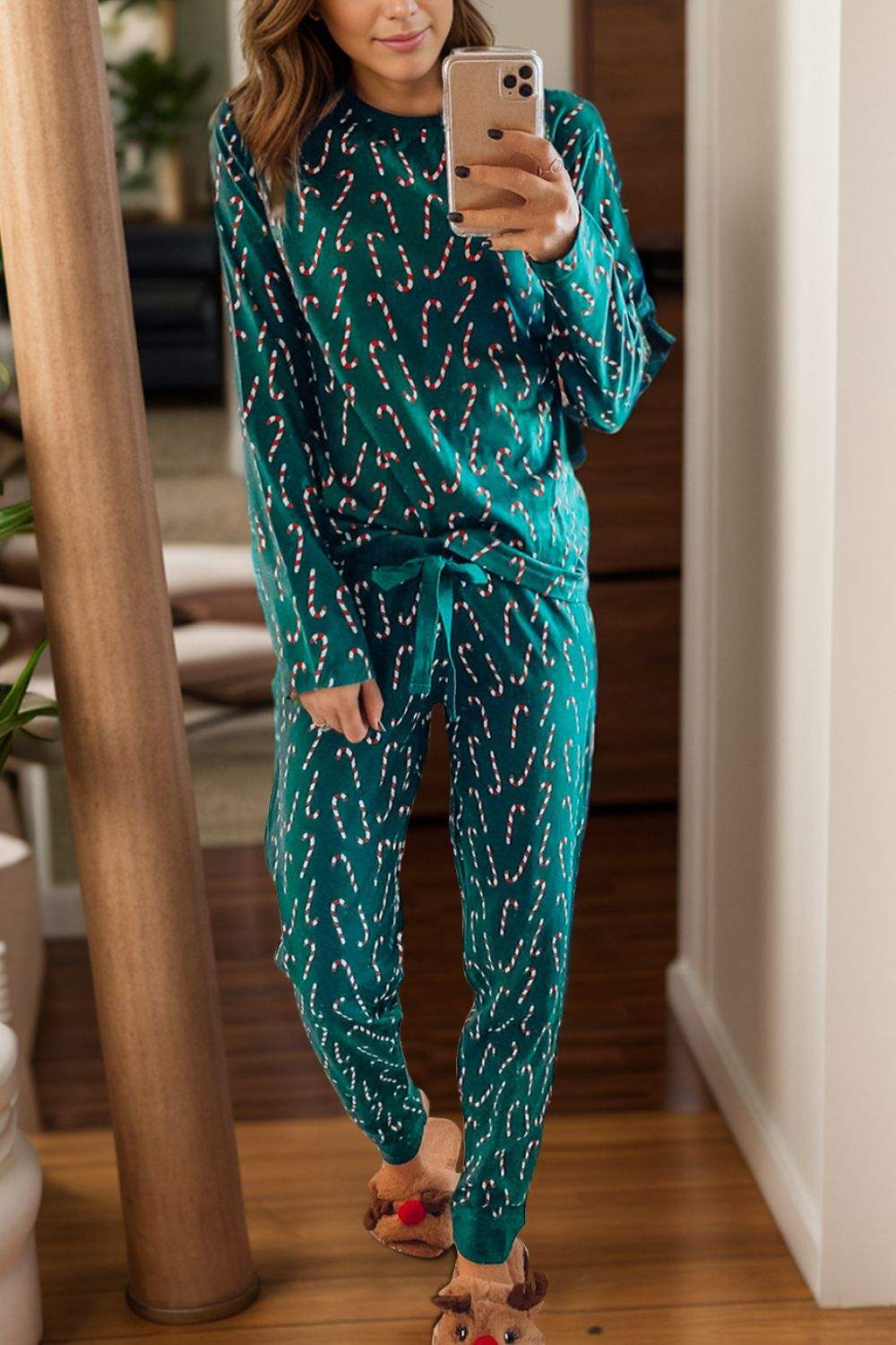 Candy Cane Print Round Neck Top and Pants Lounge Set - Trendsi - Flyclothing LLC