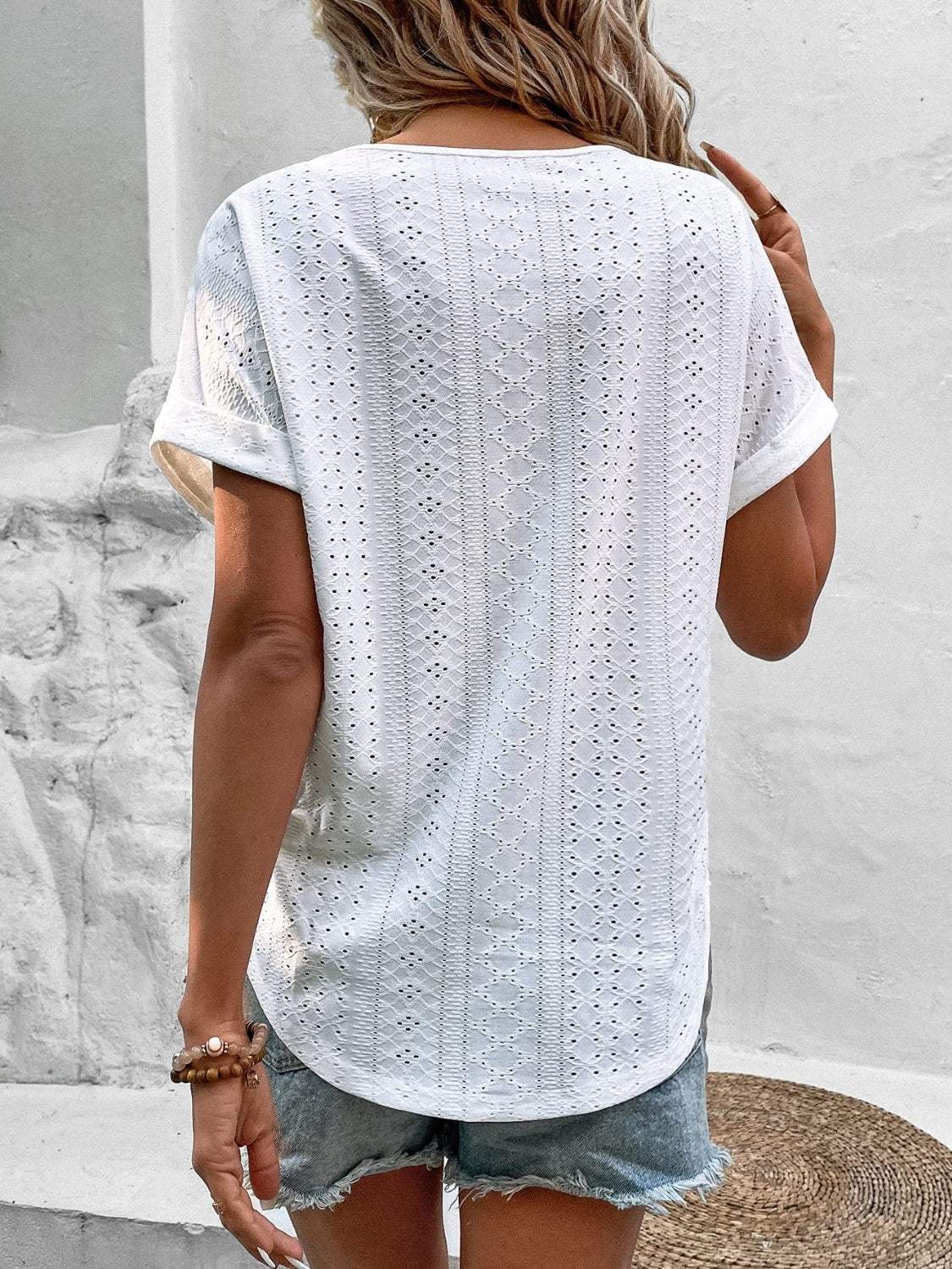 Eyelet V-Neck Short Sleeve Blouse - Trendsi - Flyclothing LLC