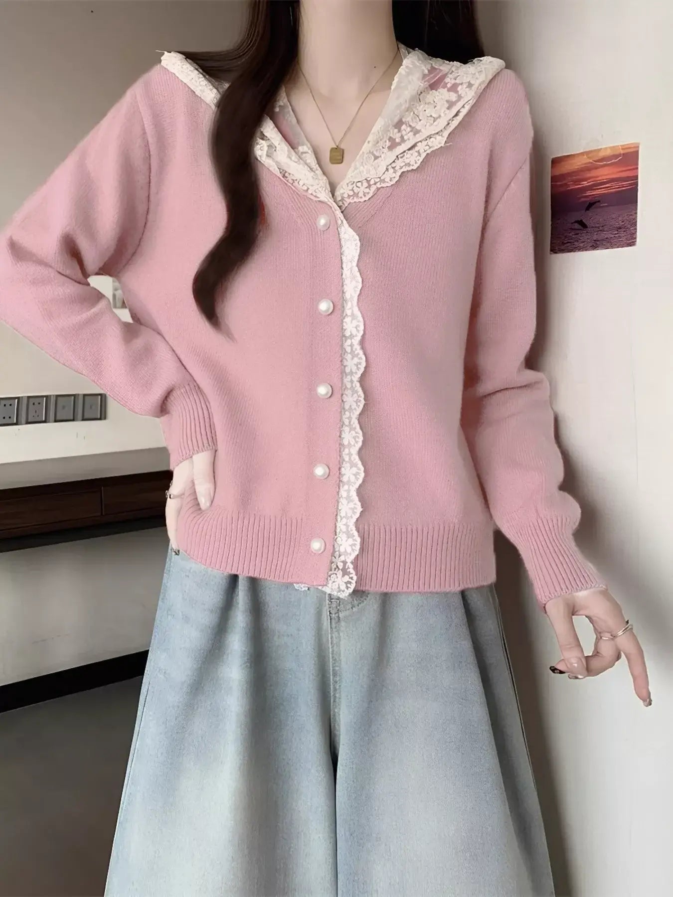 Lace Trim Hooded Cardigan - Trendsi - Flyclothing LLC
