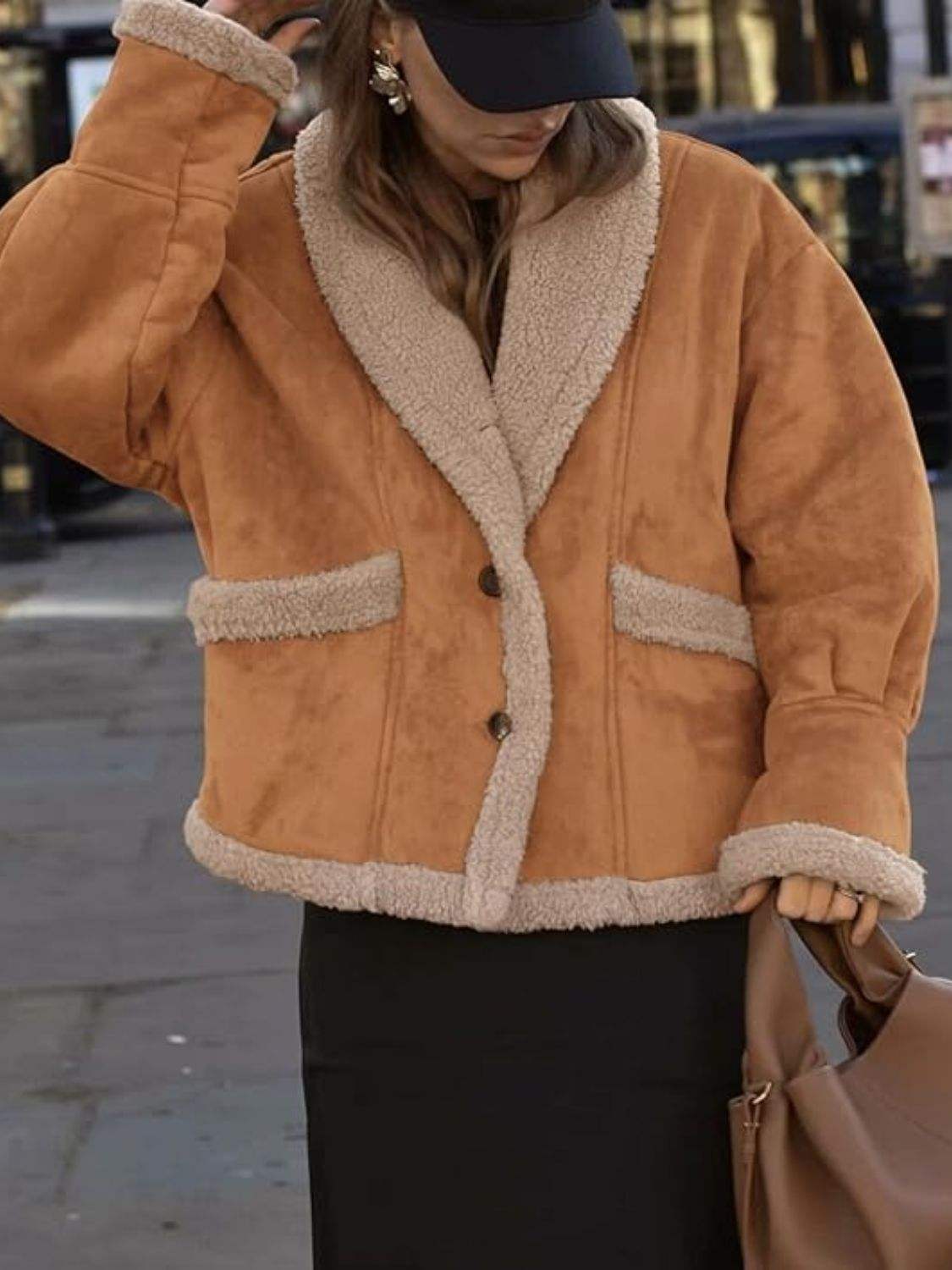 Fuzzy Collared Neck Long Sleeve Jacket - Trendsi - Flyclothing LLC