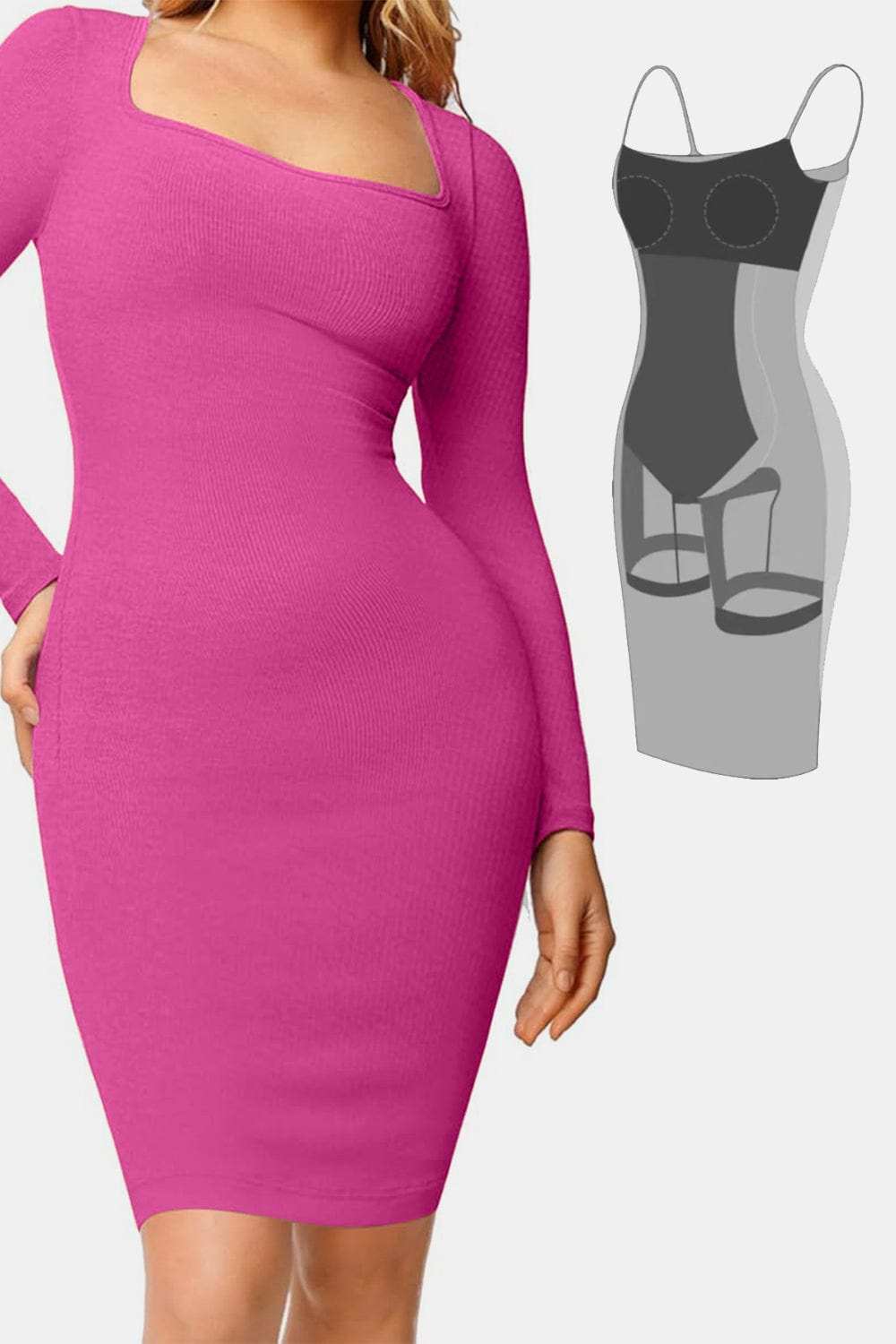 Basic Bae Full Size Built-In Shapewear Square Neck Long Sleeve Dress - Trendsi - Flyclothing LLC