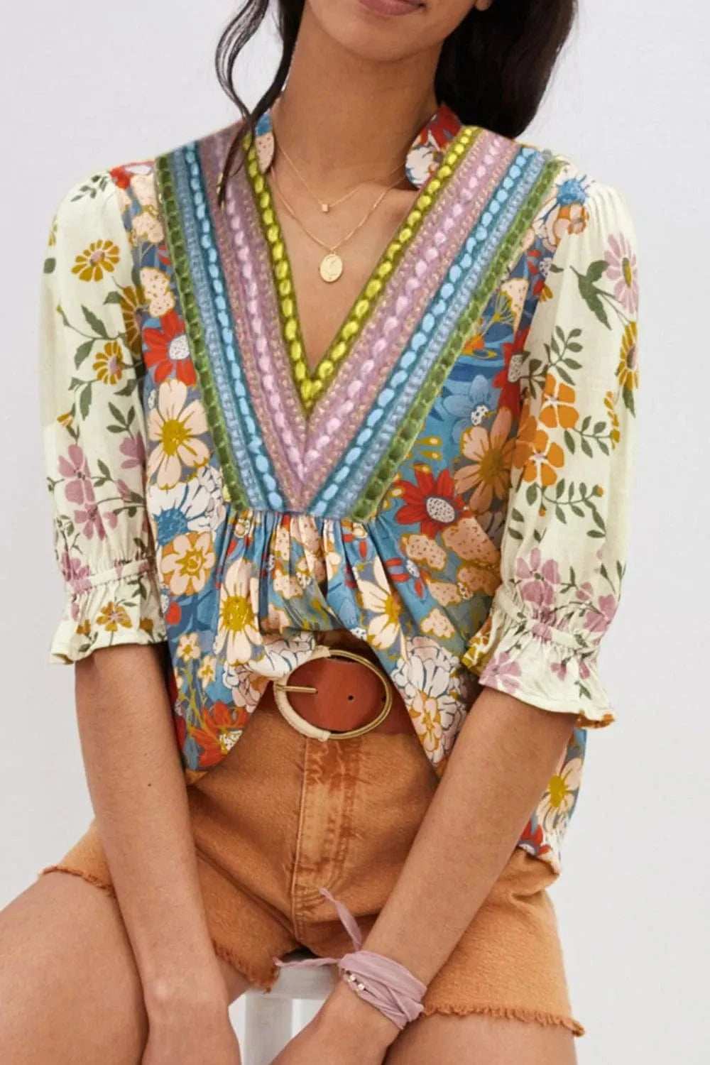 Multicolour Crochet V Neck Half Sleeve Boho Floral Blouse - Trendsi - Flyclothing LLC