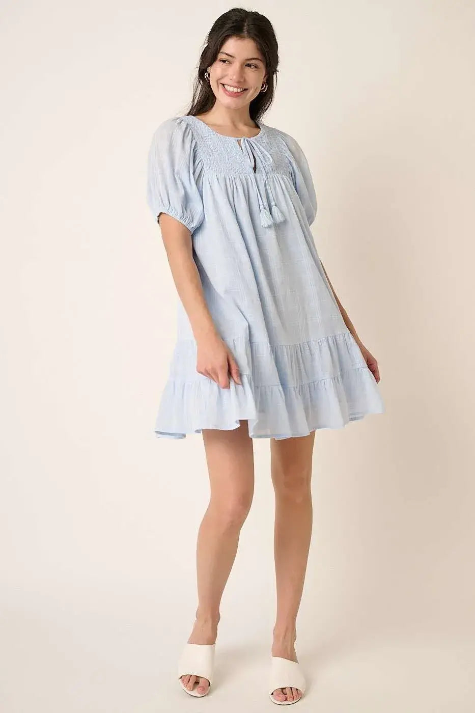 Mittoshop Tassel Tie Plaid Gauze Short Sleeve Mini Dress - Trendsi - Flyclothing LLC
