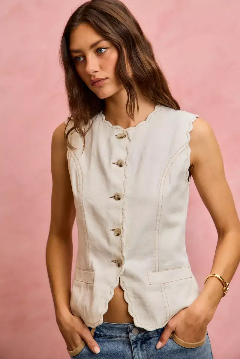 SO ME Scalloped Edge Cotton Twill Washed Vest Top - Trendsi - Flyclothing LLC