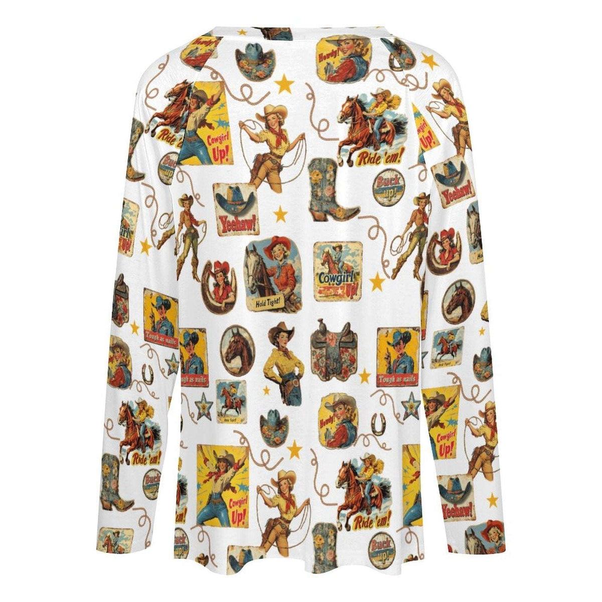 Baha Ranch Vintage Cowgirl Collage Western Print Long Sleeve Top
