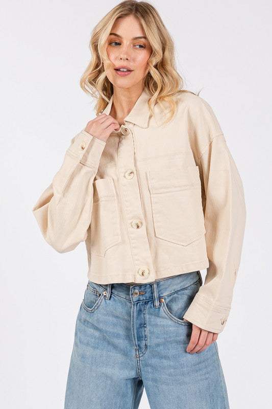 bytos Button Down Cropped Denim Jacket with Patch Pockets - Trendsi - Flyclothing LLC