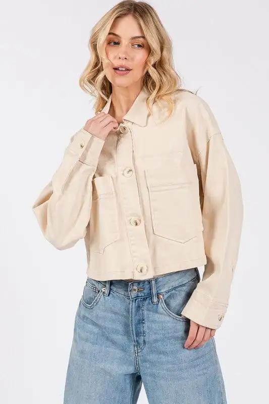 bytos Button Down Cropped Denim Jacket with Patch Pockets - Trendsi
