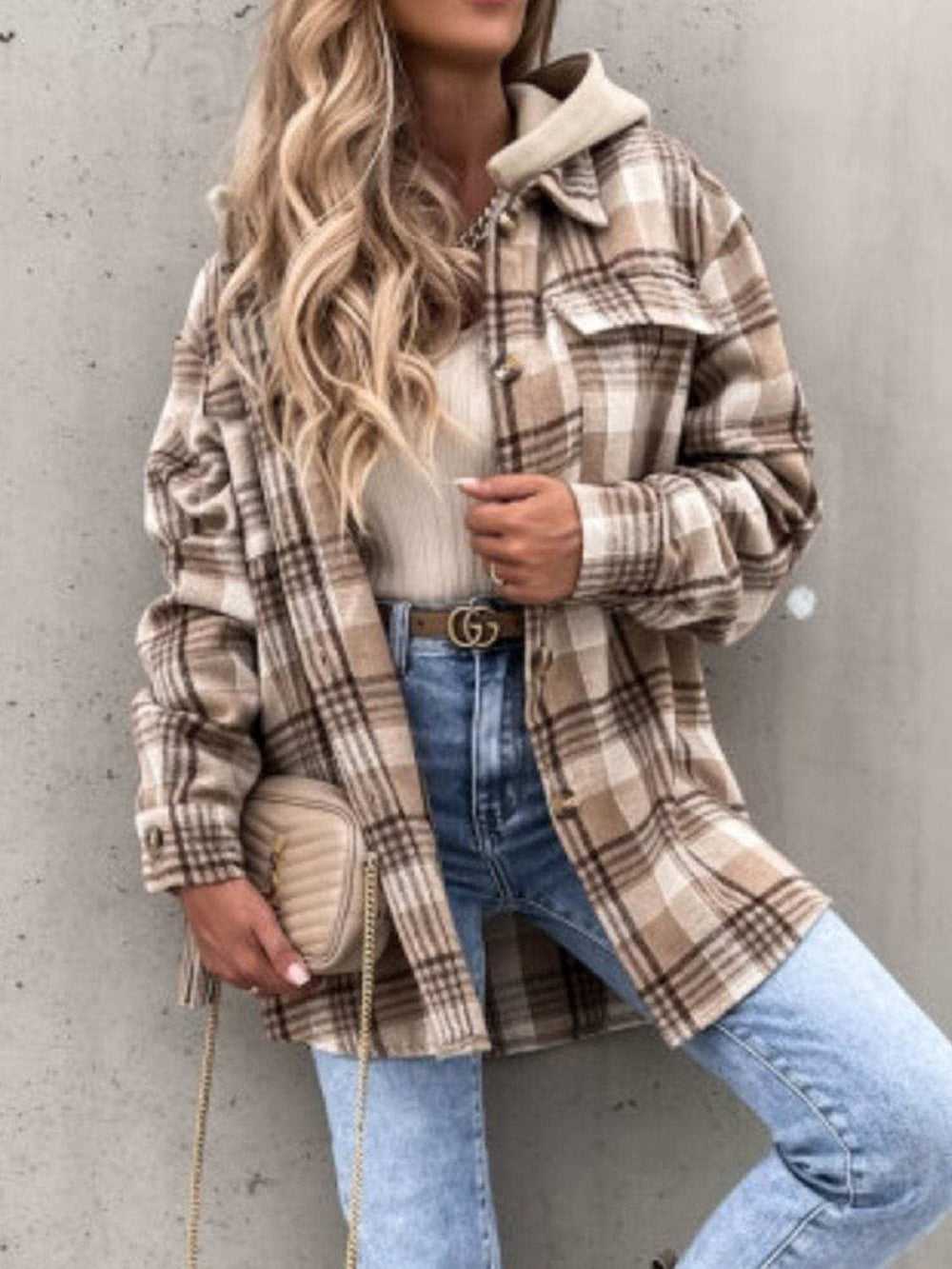 Plaid Button Up Jacket with Removable Hood - Trendsi - Flyclothing LLC