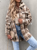 Plaid Button Up Jacket with Removable Hood - Trendsi