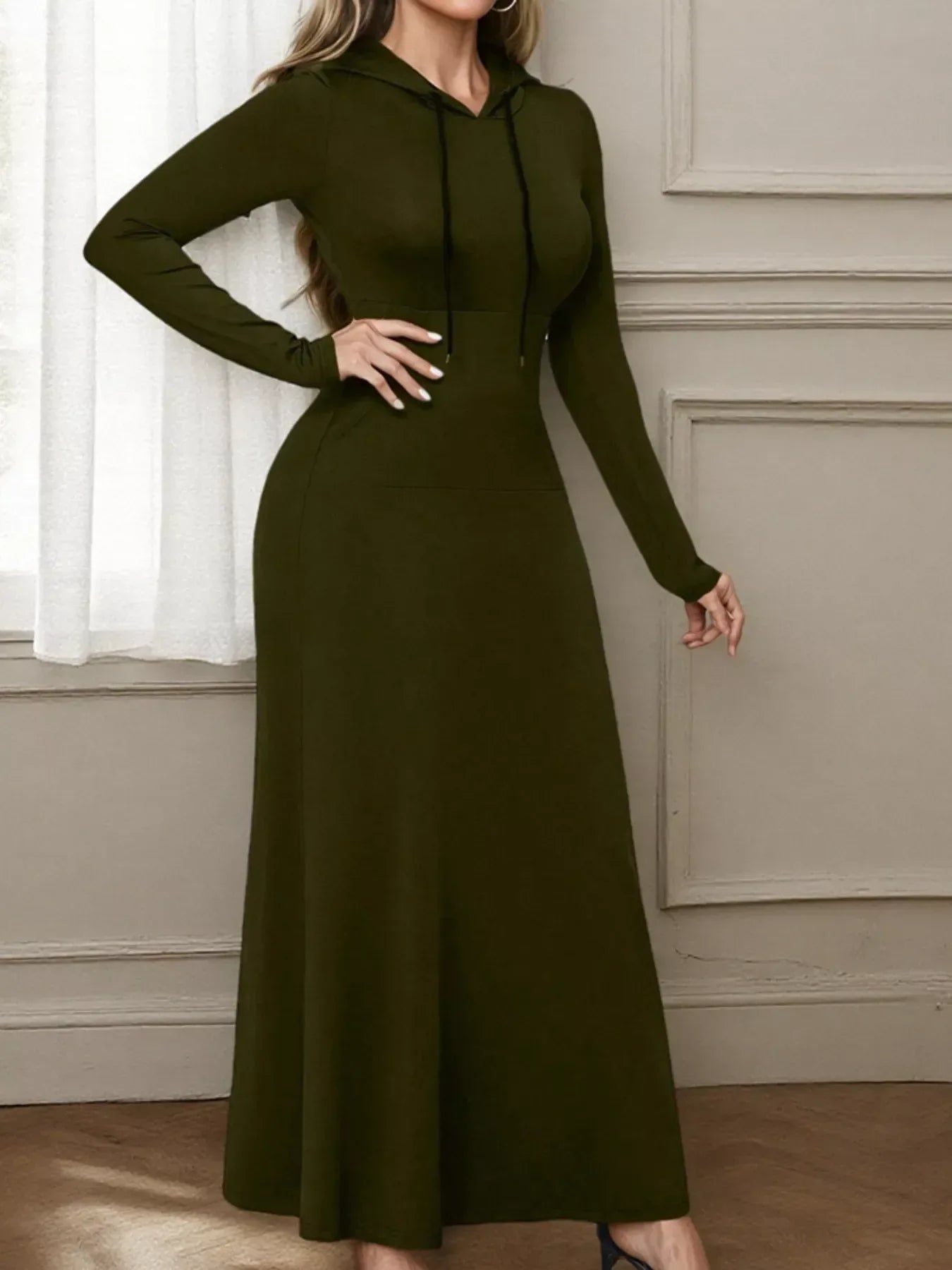 Drawstring Long Sleeve Hooded Maxi Dress - Trendsi - Flyclothing LLC