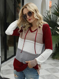 Drawstring Contrast Long Sleeve Hooded T-Shirt - Trendsi