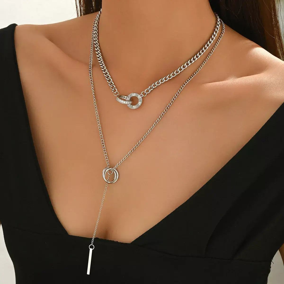 Double Layered Chain Y-Shaped Pendant Necklace - Trendsi - Flyclothing LLC