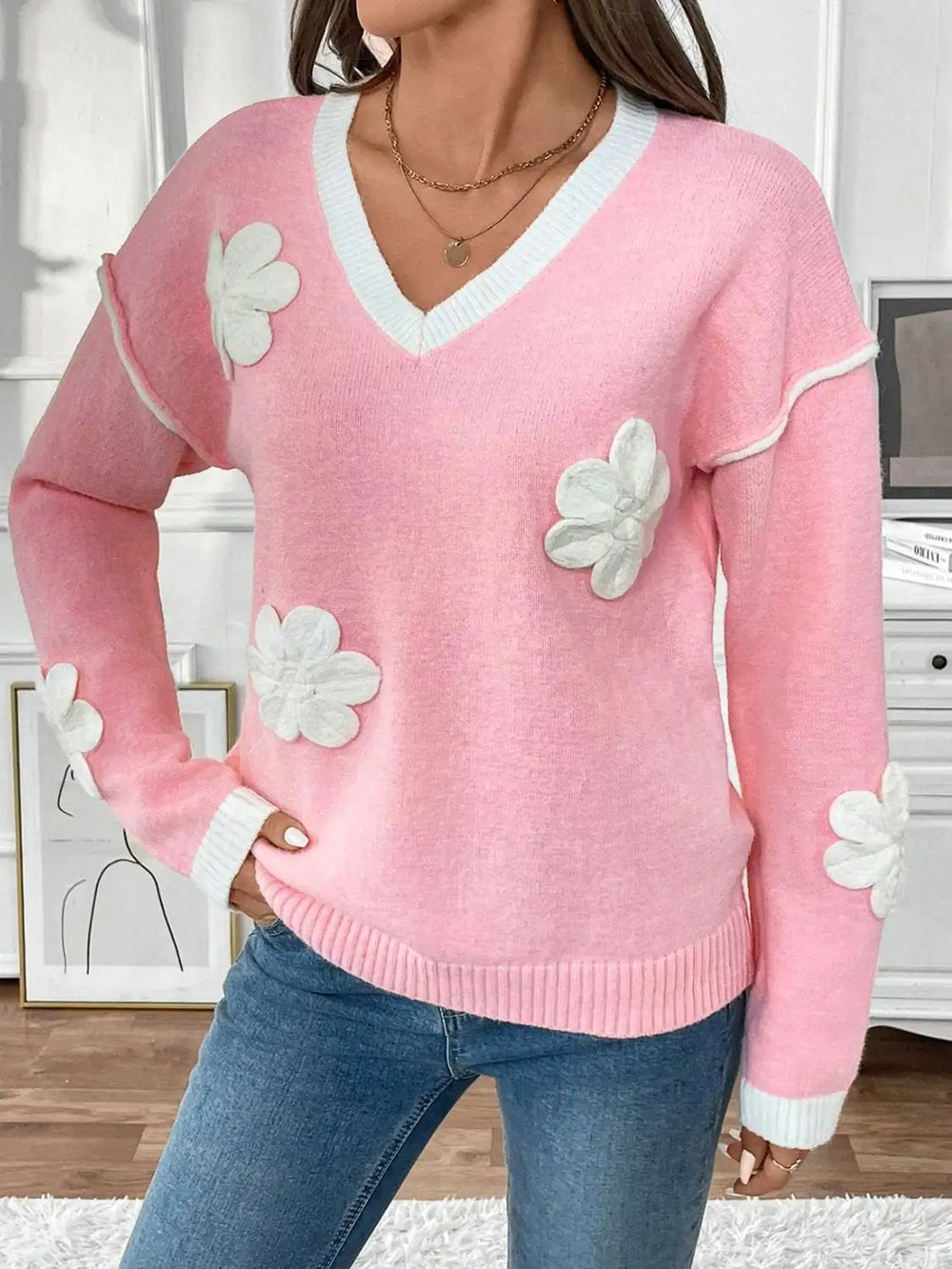 Perfee Flower V-Neck Long Sleeve Sweater - Trendsi