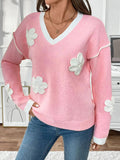 Perfee Flower V-Neck Long Sleeve Sweater - Trendsi