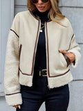 Contrast Trim Zip Up Sherpa Jacket - Trendsi