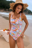 Printed Square Neck Wide Strap One-Piece Swimwear - Trendsi