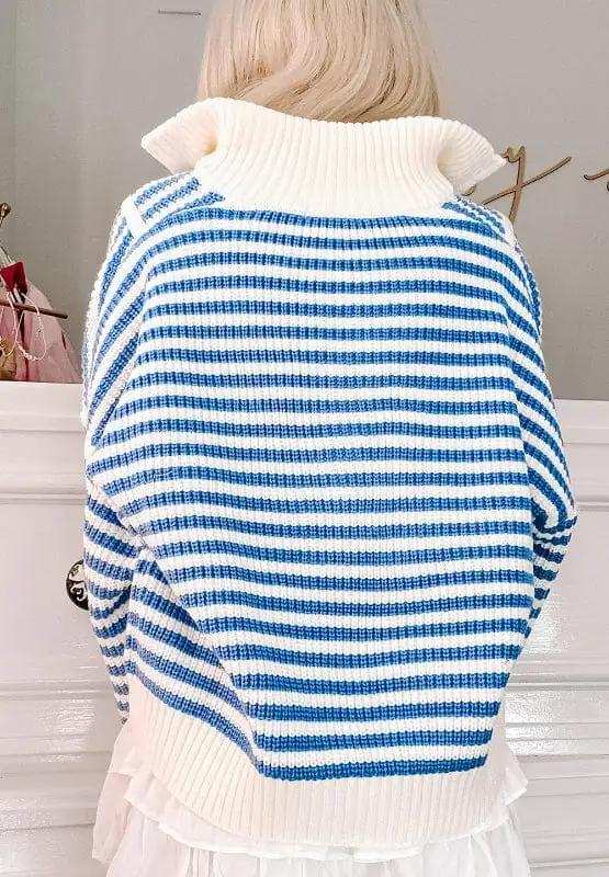 Striped Half Zip Mock Neck Long Sleeve Sweater - Trendsi - Flyclothing LLC