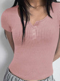 Ribbed Button Detail Round Neck Short Sleeve T-Shirt - Trendsi - Flyclothing LLC